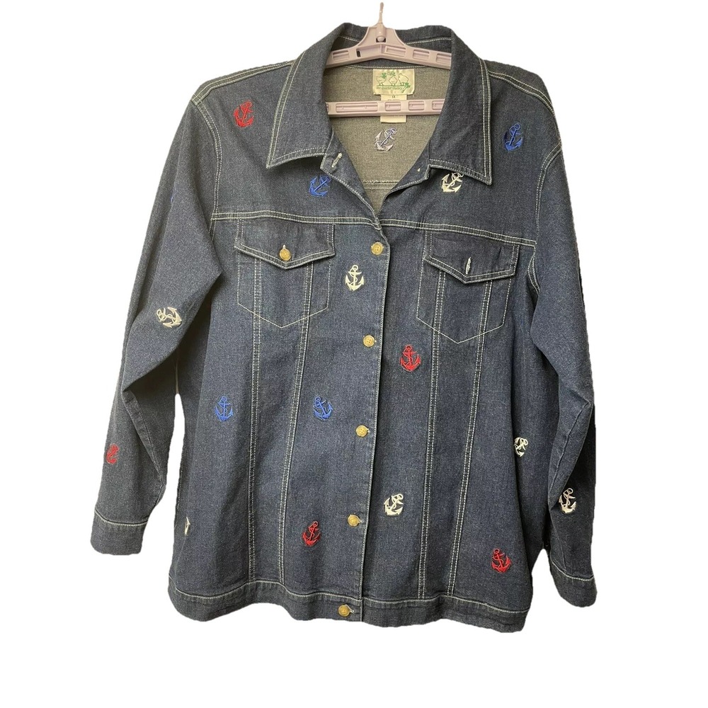 Sailor Denim Jacket 1XL Quaker Factory Embroidery Graphics Ships Popeye Sailor